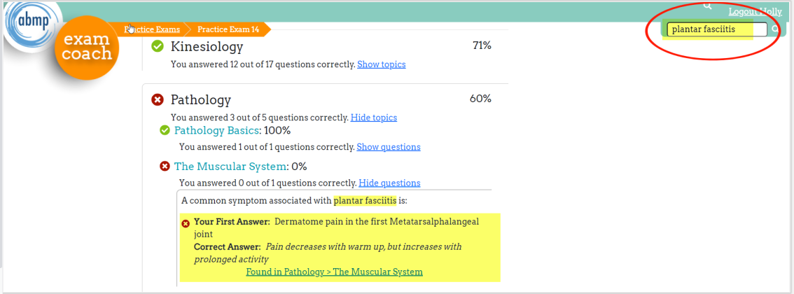 ABMP Exam Coach's Enhanced Search feature showing how you can find specific terms on the platform.
